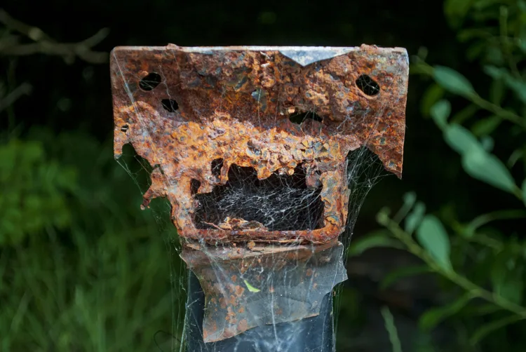 Rusted park bench resembling a spooky face